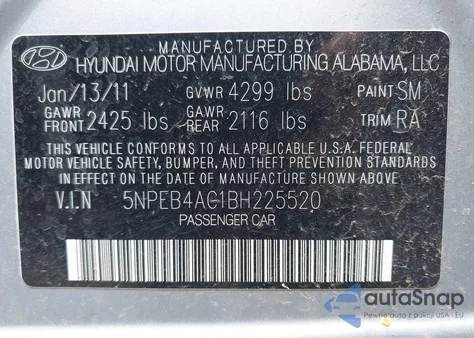 2011 Hyundai Sonata Gls из США, поврежденный, VIN 5NPEB4AC1BH225520